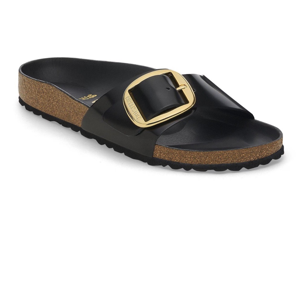 Birkenstock Madrid Big Buckle High Shine Black Sandals with Gold Buckle